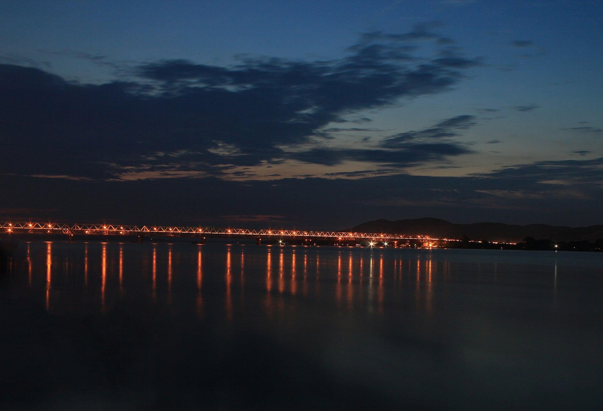 The Saraighat bridge after dark - the first bridge ever built across the Brahmaputra.