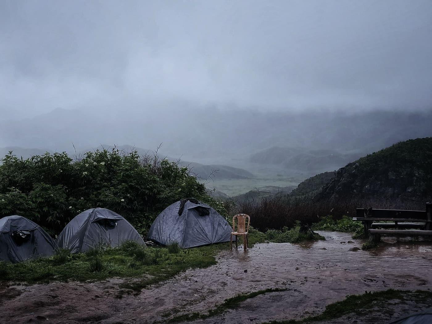 Camp. The rain put the fire out twice before it caught.
